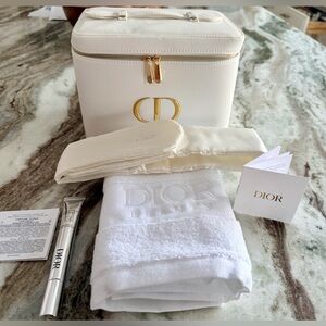 Dior White & Gold Travel Cosmetic Case with Towel and Serum